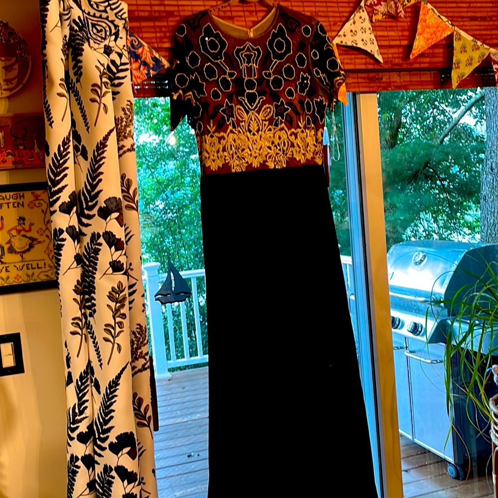 Gorgeous beaded gown with pleated skirt.